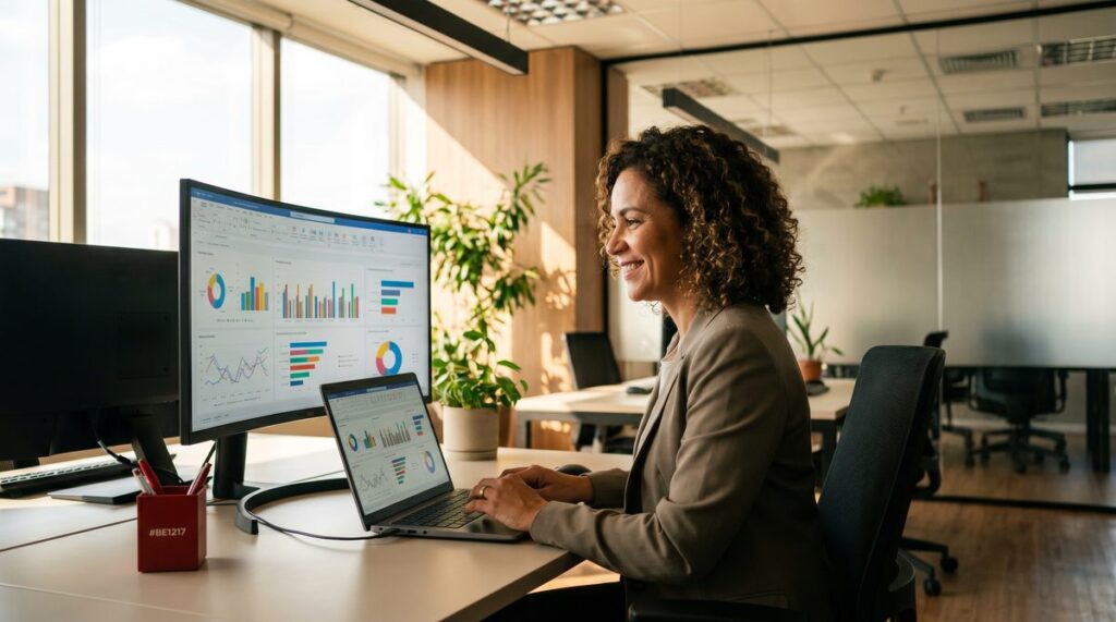 Empresária analisando dashboards e gráficos — inteligência de dados